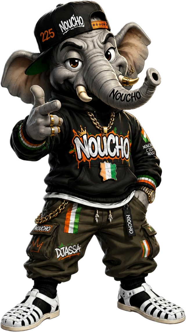 Noucho, la mascotte NOUCHI225, pointe vers le visiteur
